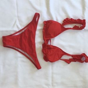 Bikini red ruffle straps by Shein
